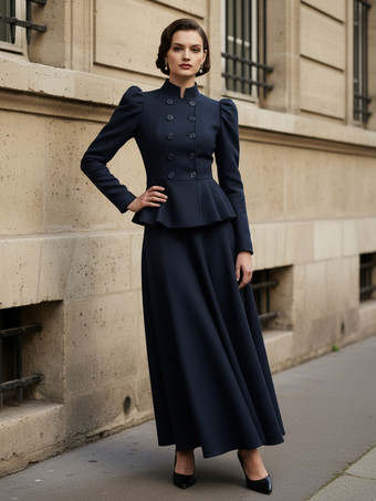 Conjunto victoriano de chaqueta peplum con mangas abullonadas y falda larga de mezcla de lana para mujer 2025