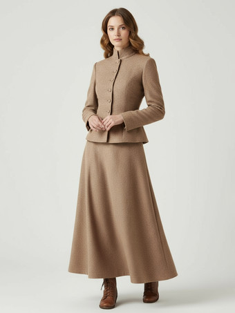Zweiteiliges Set aus Wollmischung mit Stehkragen und Schößchenjacke und Maxirock für Damen 2025