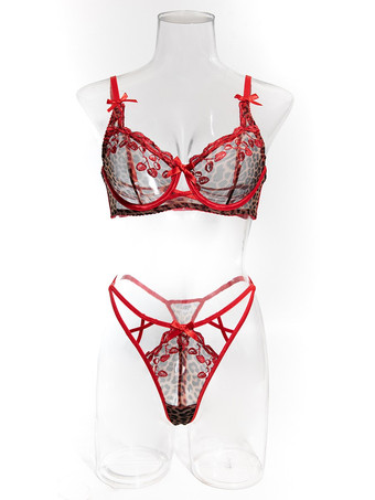 2ピースランジェリー シースルーレッド ヒョウ柄 ブラ＆パンティセット