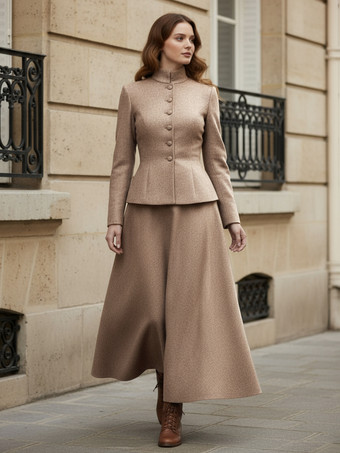 Zweiteiliges Set aus Wollmischung mit Stehkragen und Schößchenjacke und Maxirock für Damen 2025