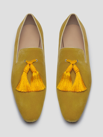   Mocassins en daim à bout rond et pompon jaune pour hommes chaussures de bal et de mariage