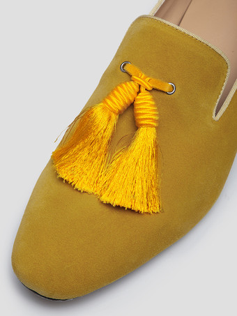   Mocassins en daim à bout rond et pompon jaune pour hommes chaussures de bal et de mariage