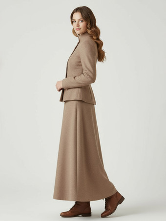 Zweiteiliges Set aus Wollmischung mit Stehkragen und Schößchenjacke und Maxirock für Damen 2025