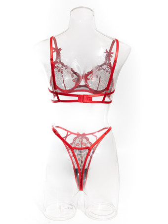 2ピースランジェリー シースルーレッド ヒョウ柄 ブラ＆パンティセット