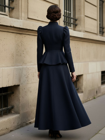 Conjunto victoriano de chaqueta peplum con mangas abullonadas y falda larga de mezcla de lana para mujer 2025