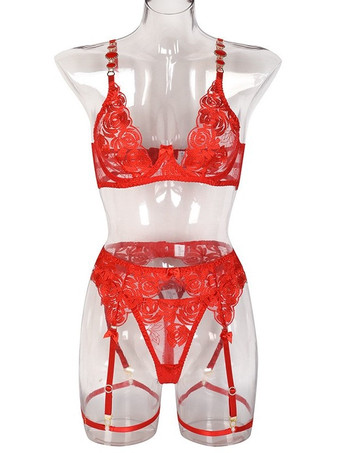 ブラジャー パンティ セット 刺繍入りメタルディテール 3ピース セクシーランジェリー ガーターベルト付き