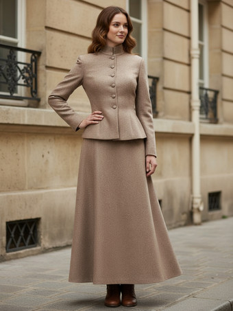 Zweiteiliges Set aus Wollmischung mit Stehkragen und Schößchenjacke und Maxirock für Damen 2025