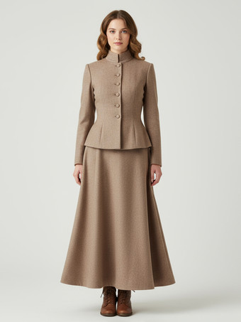 Kamel Zweiteiliges Set aus Wollmischung mit Stehkragen und Schößchenjacke und Maxirock für Damen 2025