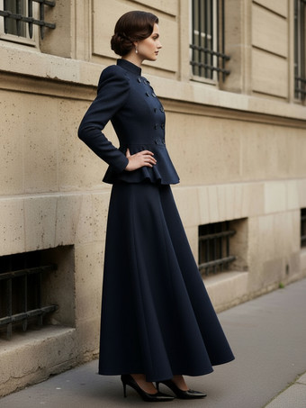 Conjunto victoriano de chaqueta peplum con mangas abullonadas y falda larga de mezcla de lana para mujer 2025