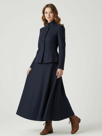DunkelmarineblauZweiteiliges Set aus Wollmischung mit Stehkragen und Schößchenjacke und Maxirock für Damen 2025