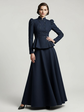 Conjunto victoriano de chaqueta peplum con mangas abullonadas y falda larga de mezcla de lana para mujer 2025