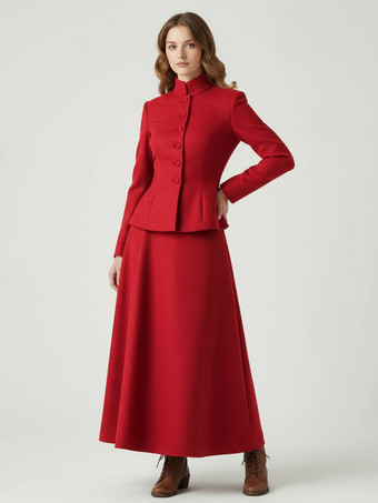 RotZweiteiliges Set aus Wollmischung mit Stehkragen und Schößchenjacke und Maxirock für Damen 2025