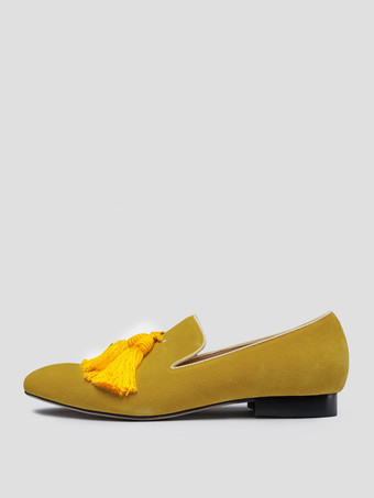 Jaune  Mocassins en daim à bout rond et pompon jaune pour hommes chaussures de bal et de mariage