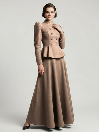 color camel Conjunto victoriano de chaqueta peplum con mangas abullonadas y falda larga de mezcla de lana para mujer 2025