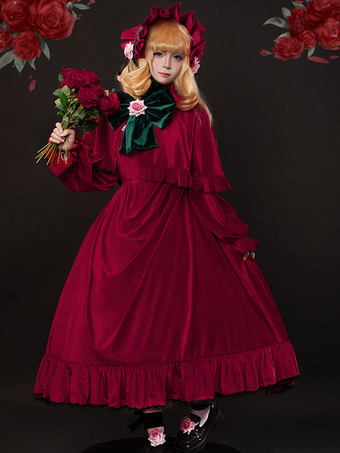 Robe Lolita gothique rouge à manches longues avec chapeau et volants en dentelle tenue de Noël et cravate