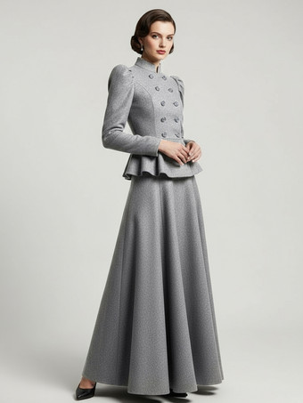 GrisConjunto victoriano de chaqueta peplum con mangas abullonadas y falda larga de mezcla de lana para mujer 2025