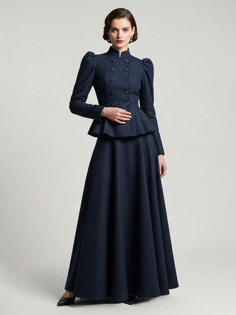 Azul marino oscuro  Conjunto victoriano de chaqueta peplum con mangas abullonadas y falda larga de mezcla de lana para mujer 2025
