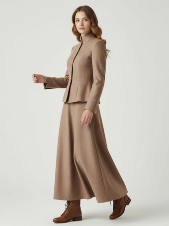 Zweiteiliges Set aus Wollmischung mit Stehkragen und Schößchenjacke und Maxirock für Damen 2025