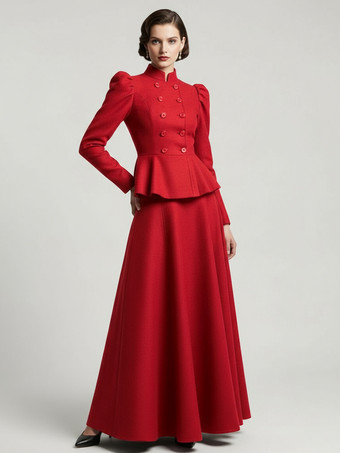 rojo Conjunto victoriano de chaqueta peplum con mangas abullonadas y falda larga de mezcla de lana para mujer 2025