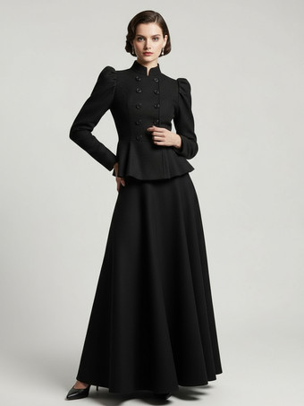 negro Conjunto victoriano de chaqueta peplum con mangas abullonadas y falda larga de mezcla de lana para mujer 2025