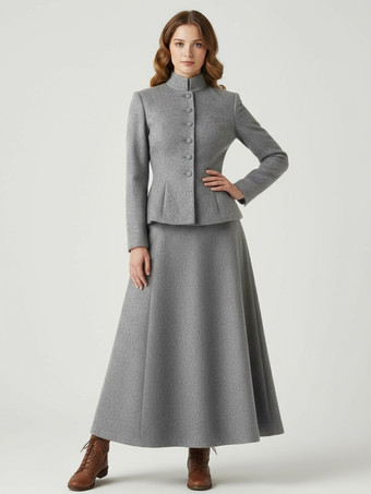 GrauZweiteiliges Set aus Wollmischung mit Stehkragen und Schößchenjacke und Maxirock für Damen 2025