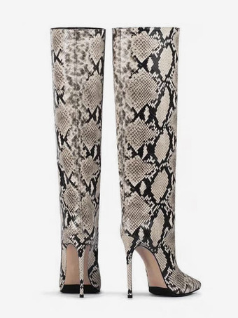 レディースニーハイブーツ スネーク柄 ポインテッドトゥ ハイヒールブーツ