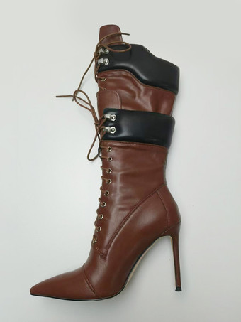 Wildlederstiefel mittelhoch Damen spitz zulaufend Schnürstiefel mit hohem Absatz