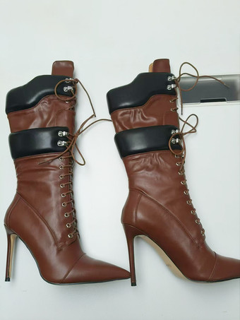 Wildlederstiefel mittelhoch Damen spitz zulaufend Schnürstiefel mit hohem Absatz