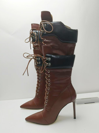DunkelbraunWildlederstiefel mittelhoch Damen spitz zulaufend Schnürstiefel mit hohem Absatz