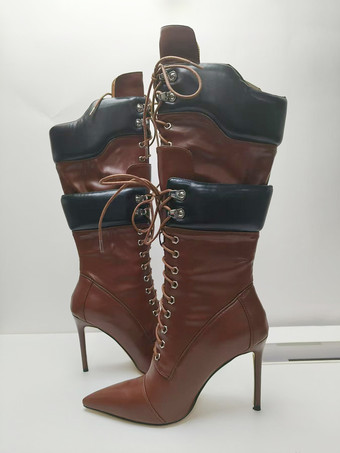 Wildlederstiefel mittelhoch Damen spitz zulaufend Schnürstiefel mit hohem Absatz