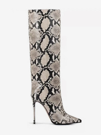 レディースニーハイブーツ スネーク柄 ポインテッドトゥ ハイヒールブーツ
