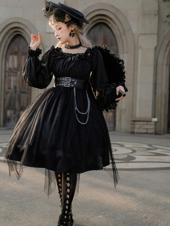   ゴシックロリータドレス ルッフル弓 デコルテ ロングスリーブ ロリータワンピースドレス