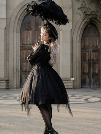   ゴシックロリータドレス ルッフル弓 デコルテ ロングスリーブ ロリータワンピースドレス