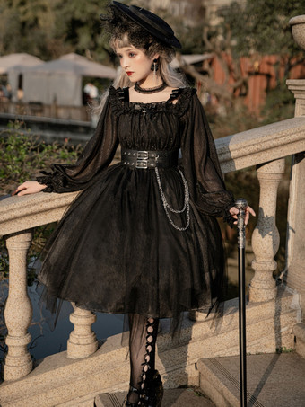   ゴシックロリータドレス ルッフル弓 デコルテ ロングスリーブ ロリータワンピースドレス