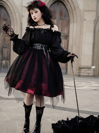   ゴシックロリータドレス ルッフル弓 デコルテ ロングスリーブ ロリータワンピースドレス