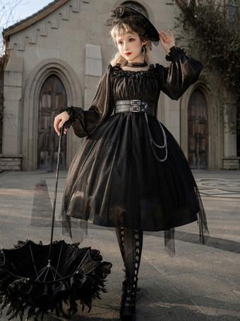 ブラック   ゴシックロリータドレス ルッフル弓 デコルテ ロングスリーブ ロリータワンピースドレス