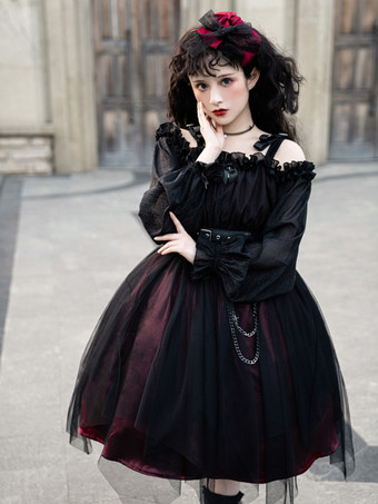   ゴシックロリータドレス ルッフル弓 デコルテ ロングスリーブ ロリータワンピースドレス