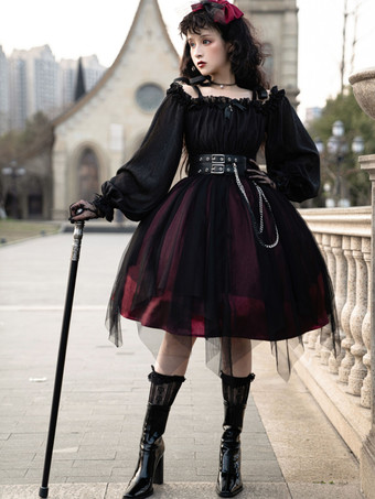   ゴシックロリータドレス ルッフル弓 デコルテ ロングスリーブ ロリータワンピースドレス