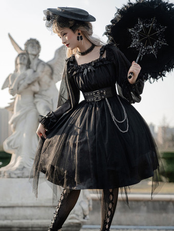   ゴシックロリータドレス ルッフル弓 デコルテ ロングスリーブ ロリータワンピースドレス