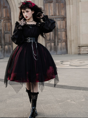   ゴシックロリータドレス ルッフル弓 デコルテ ロングスリーブ ロリータワンピースドレス