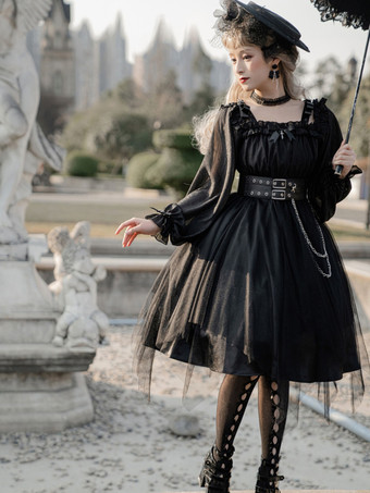   ゴシックロリータドレス ルッフル弓 デコルテ ロングスリーブ ロリータワンピースドレス