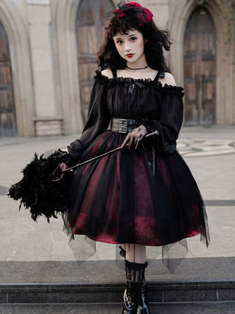   ゴシックロリータドレス ルッフル弓 デコルテ ロングスリーブ ロリータワンピースドレス
