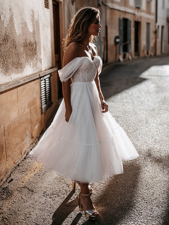 ショートウェディングドレス ティーレングス スウィートハートネック ノースリーブ Aライン ナチュラルウエスト チュール ショートブライダルドレス
