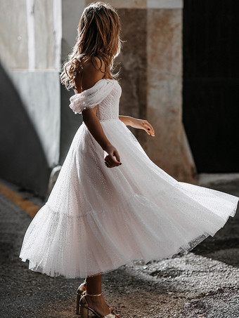 ショートウェディングドレス ティーレングス スウィートハートネック ノースリーブ Aライン ナチュラルウエスト チュール ショートブライダルドレス