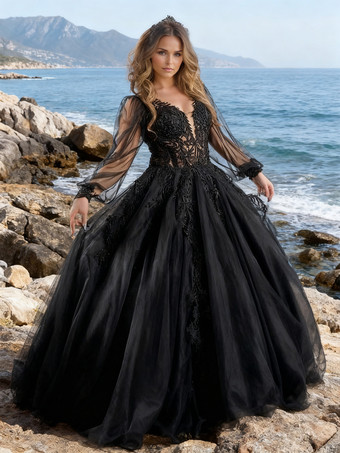 De Estilo Vintage Vestidos de Boda de Playa Vestidos de novia negros góticos A-Line Mangas largas Encaje con tren Vestido de novia Personalización gratuita