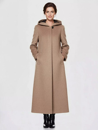 ラクダ色 レディース ラップコート フード付き 暖か フルレングス 冬 マキシ ウールブレンドコート 2025