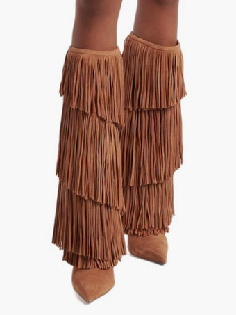 スエードニーハイブーツ レディース ポインテッドトゥ ハイヒール ニーハイブーツ タッセル付き