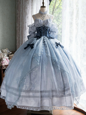 ブルー フェアリーロリータドレス スパゲッティホルターコルセット フロアレングス レースロリータドレス