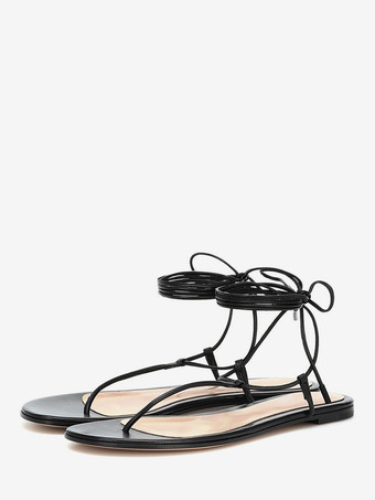 PUブラックレディース ブラック フラットサンダル フリップフロップ レースアップ サンダル シューズ