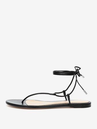 レディース ブラック フラットサンダル フリップフロップ レースアップ サンダル シューズ